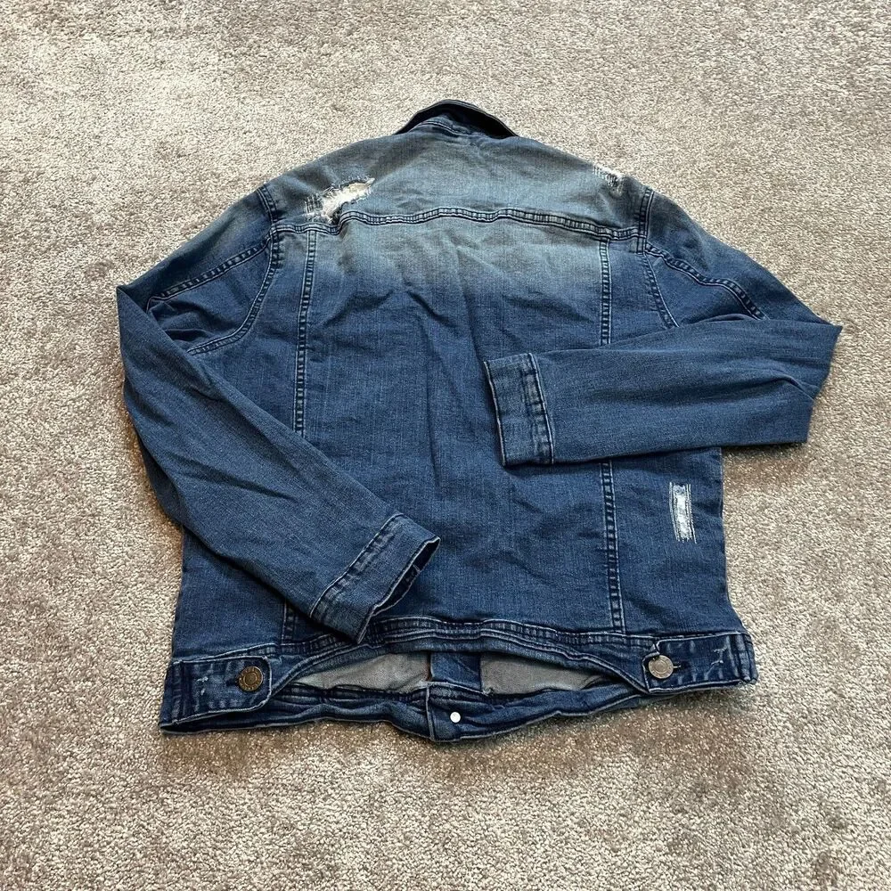 X Ray Jean Jacket Mens Medium Blue Denim Distressed Scuffed Patched Button Up